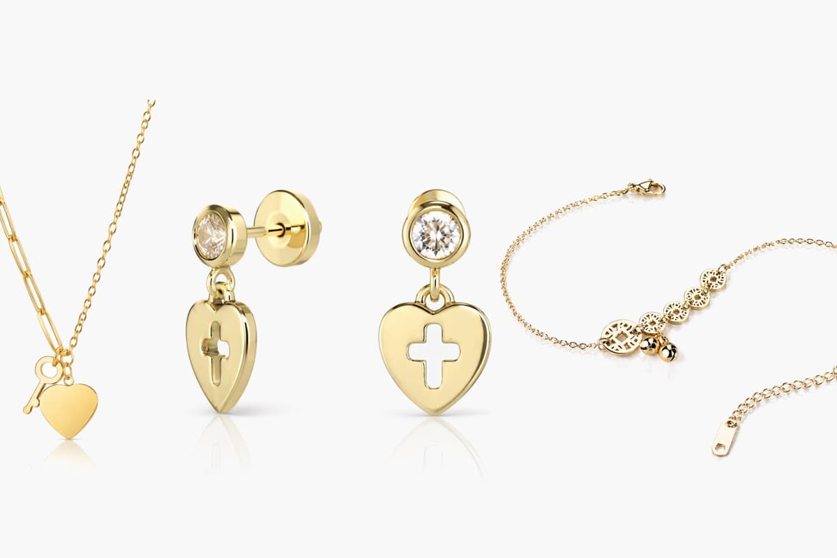 Dainty Heart Cross Charm Stud Earrings