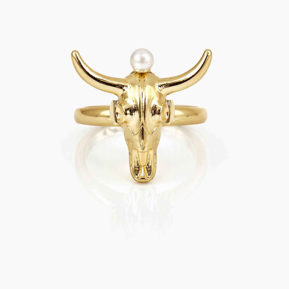 Boho Bull Skull Pearl Ring