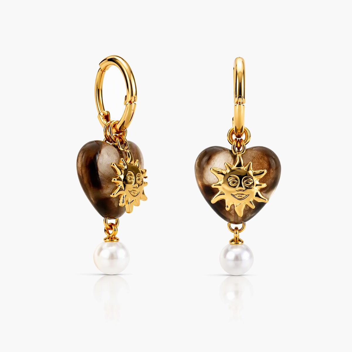 Vintage Heart Sun Charm Hoop Earrings