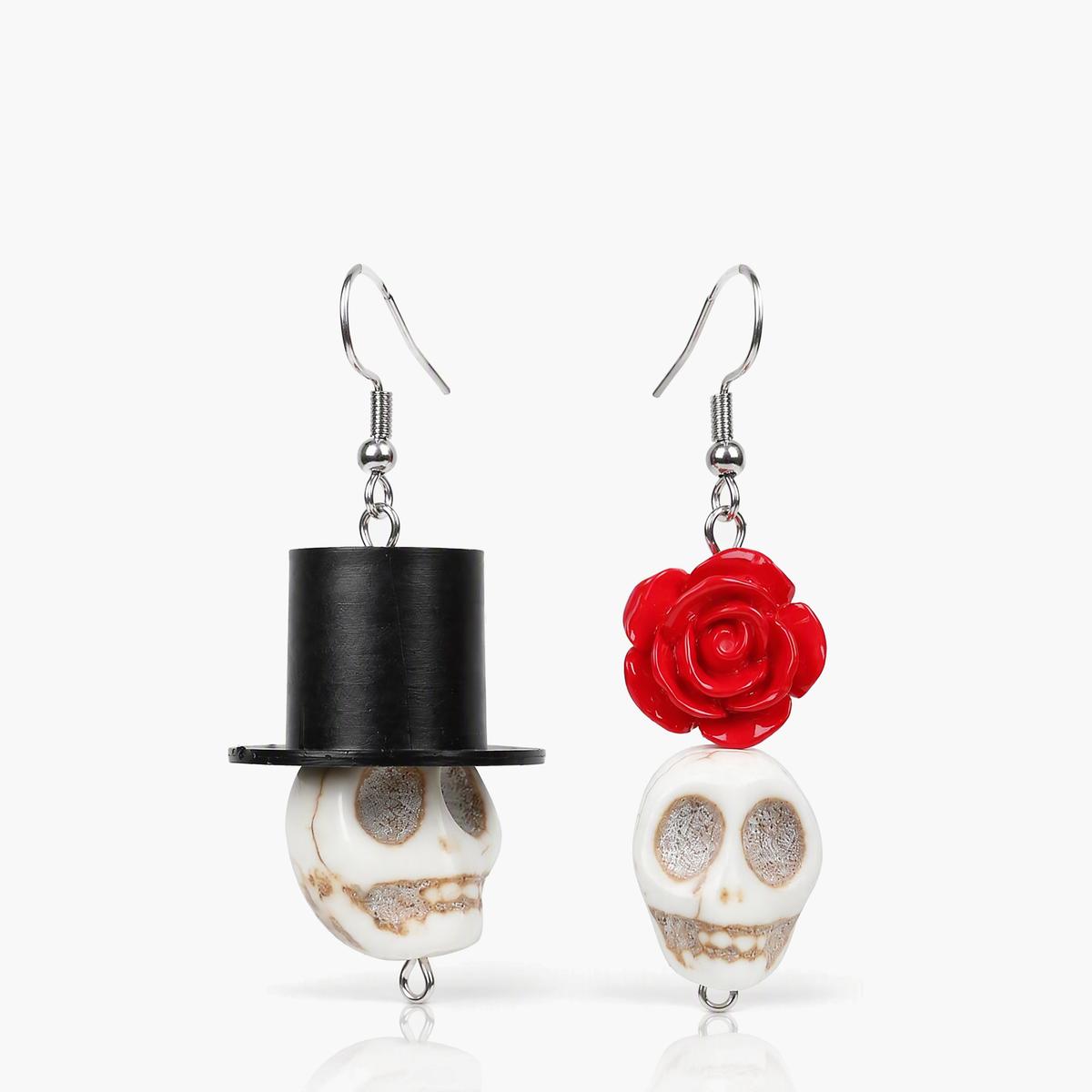 Cute Skull And Rose Drop Earrings