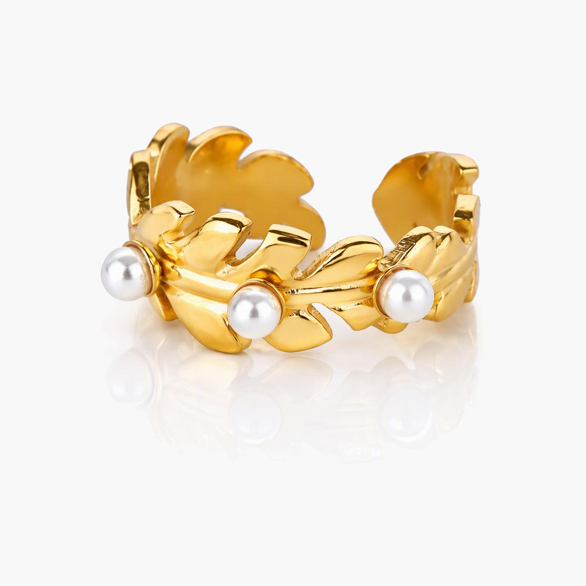 Leaf Pearl Open Cuff Ring