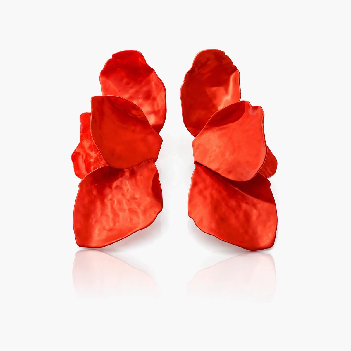Red Flower Petal Cluster Stud Earrings
