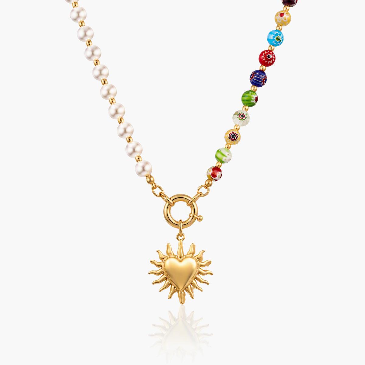 Boho Pearl Sun Heart Necklace