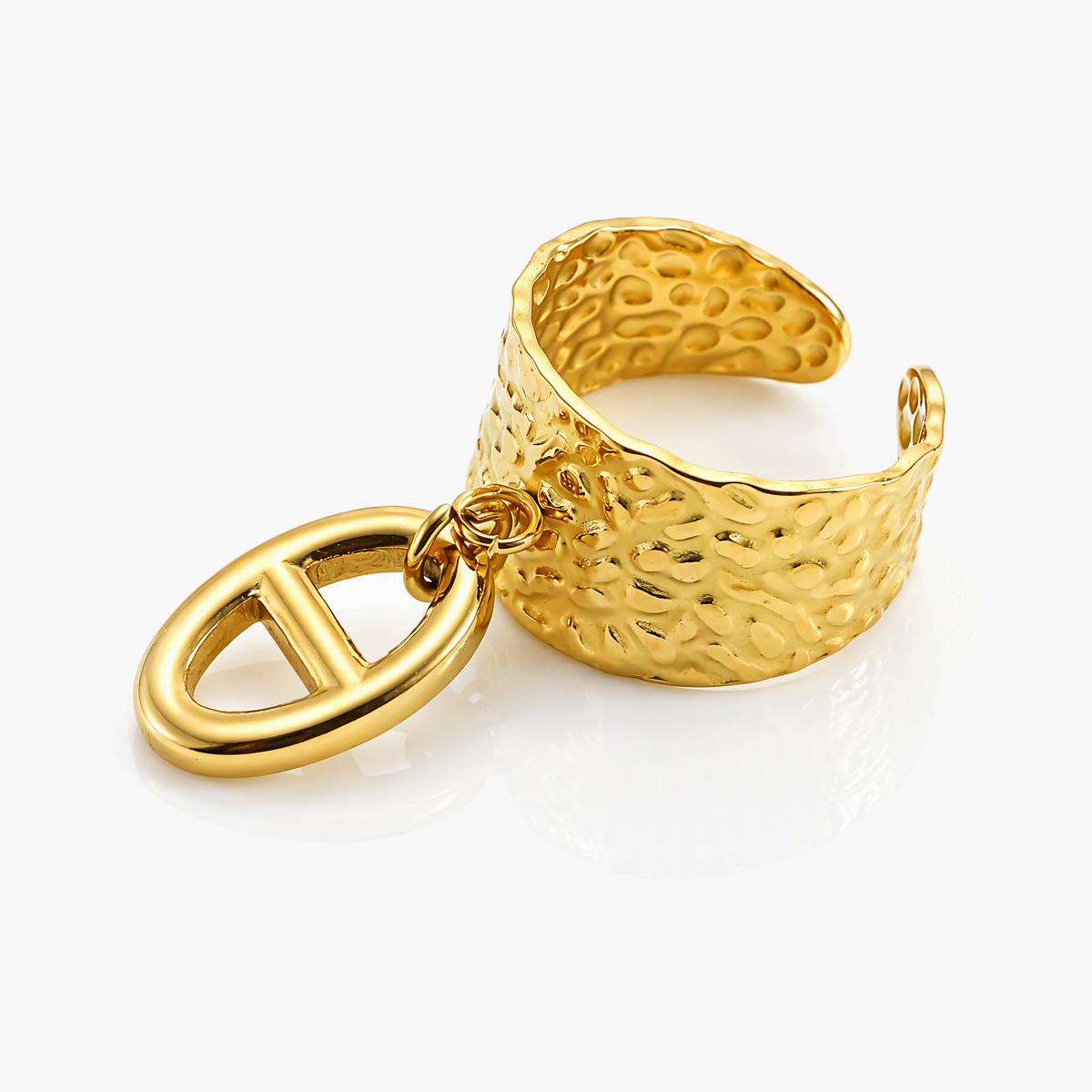 Hammered Open Cuff Ring With Oval Charm
