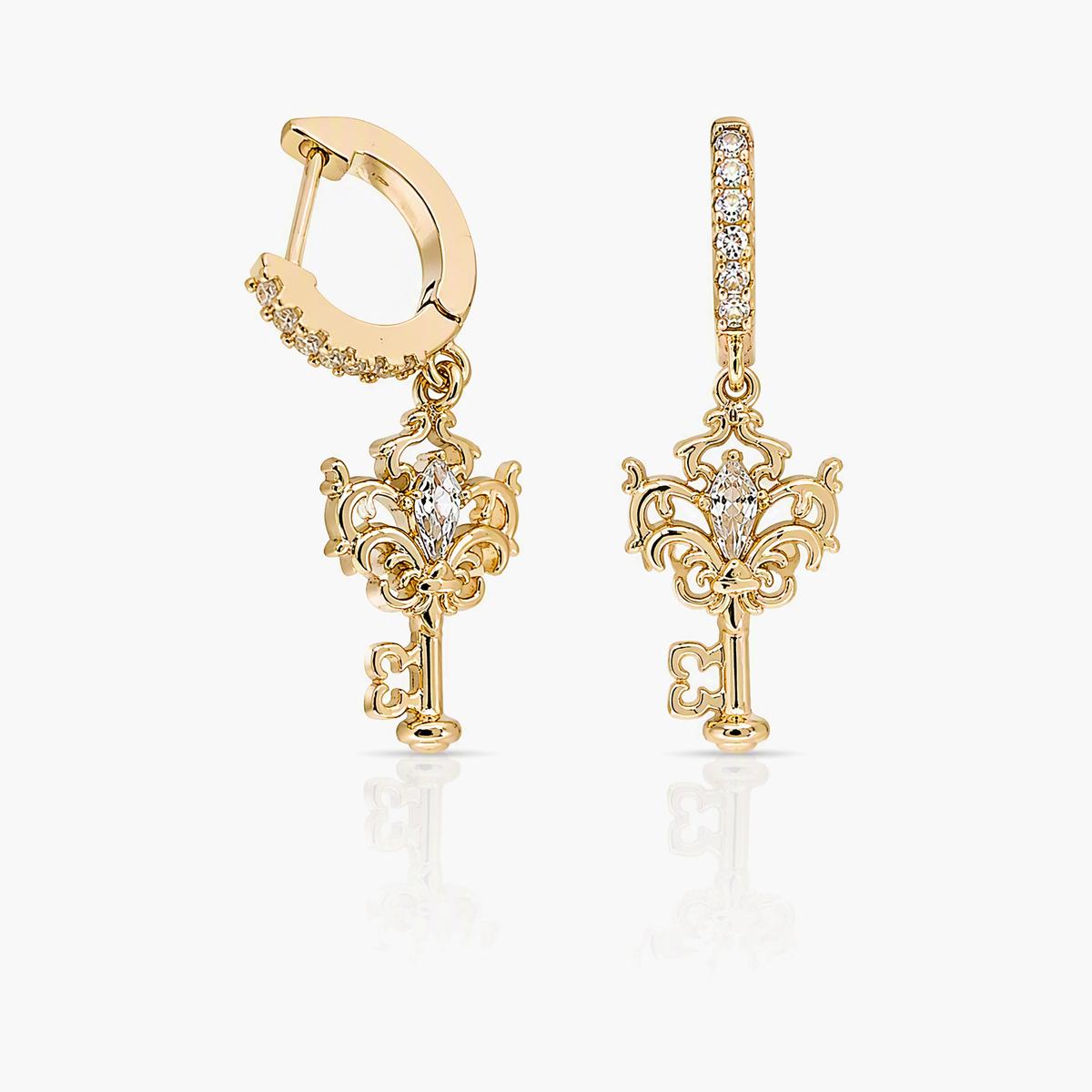 Vintage Key Charm Huggie Earrings