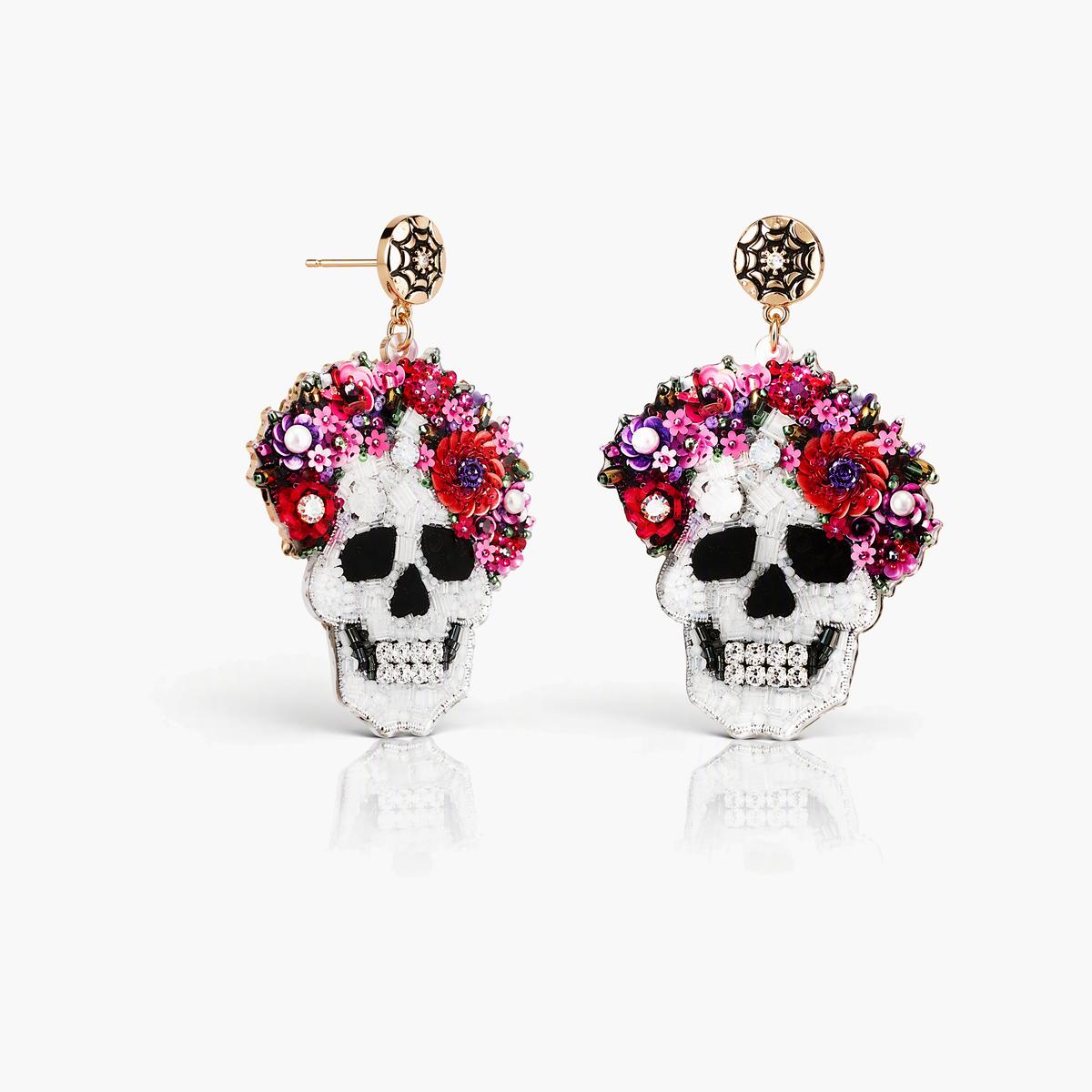 Trendy Floral Skull Drop Earrings