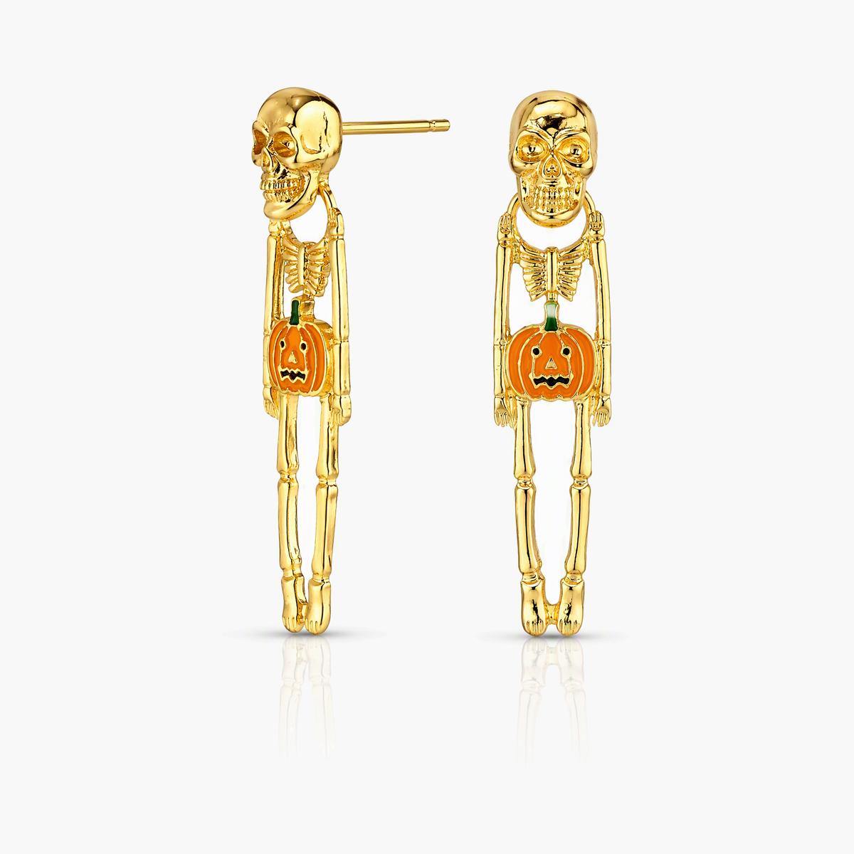 Cute Skeleton Holding Pumpkin Drop Earrings