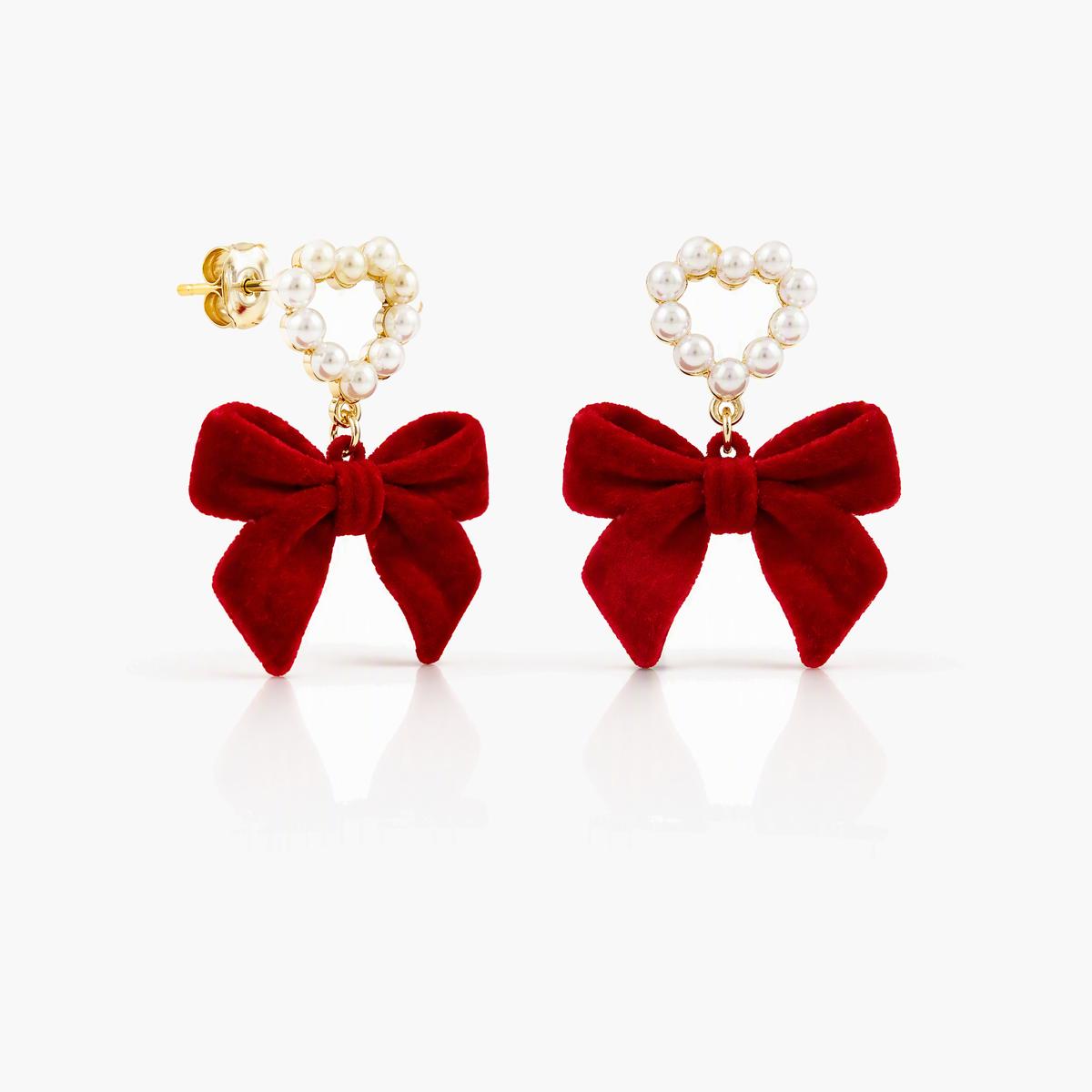 Cute Pearl Heart Bow Drop Earrings