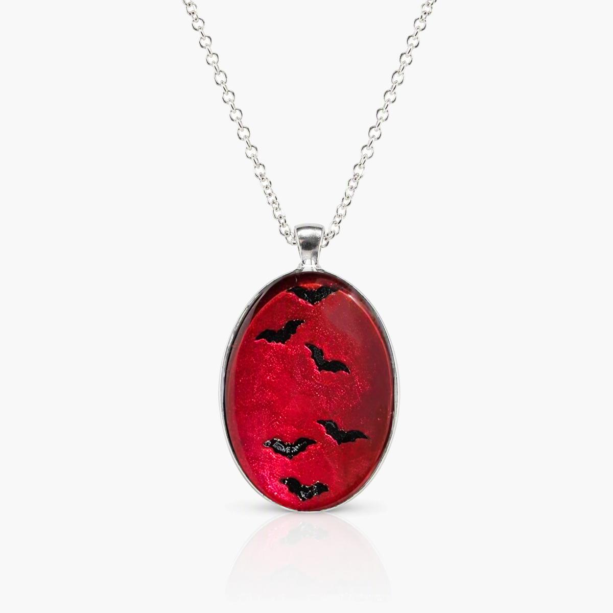 Vintage Bat Oval Pendant Necklace