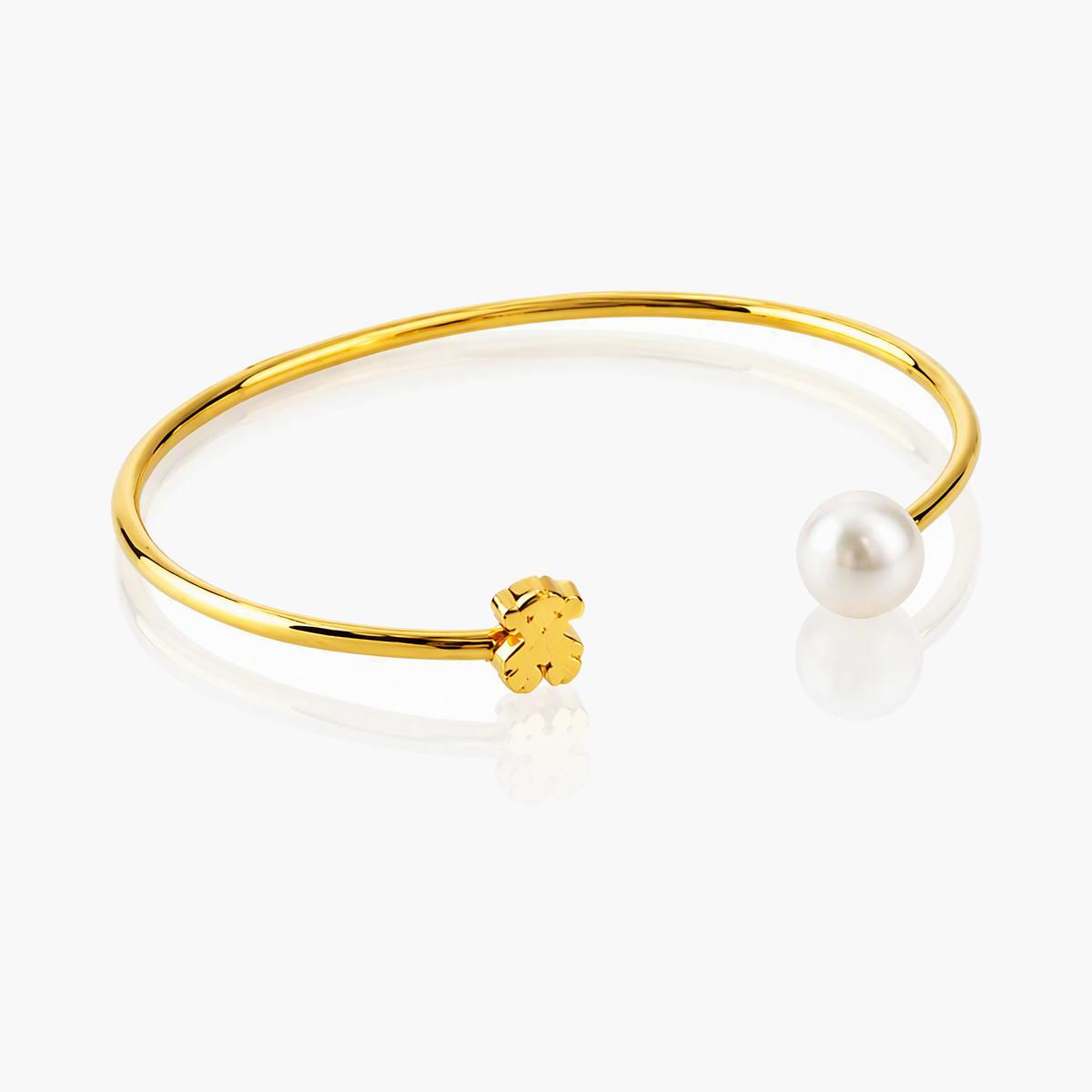 Dainty Bear And Pearl Open Cuff Bracelet