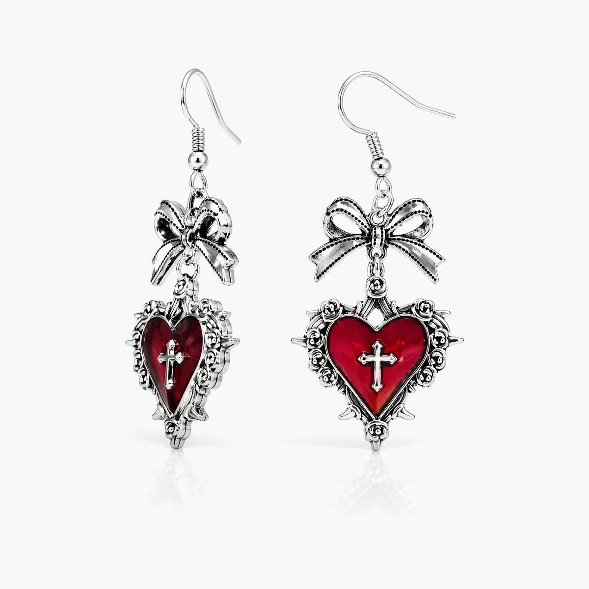 Vintage Bow Sacred Heart Drop Earrings