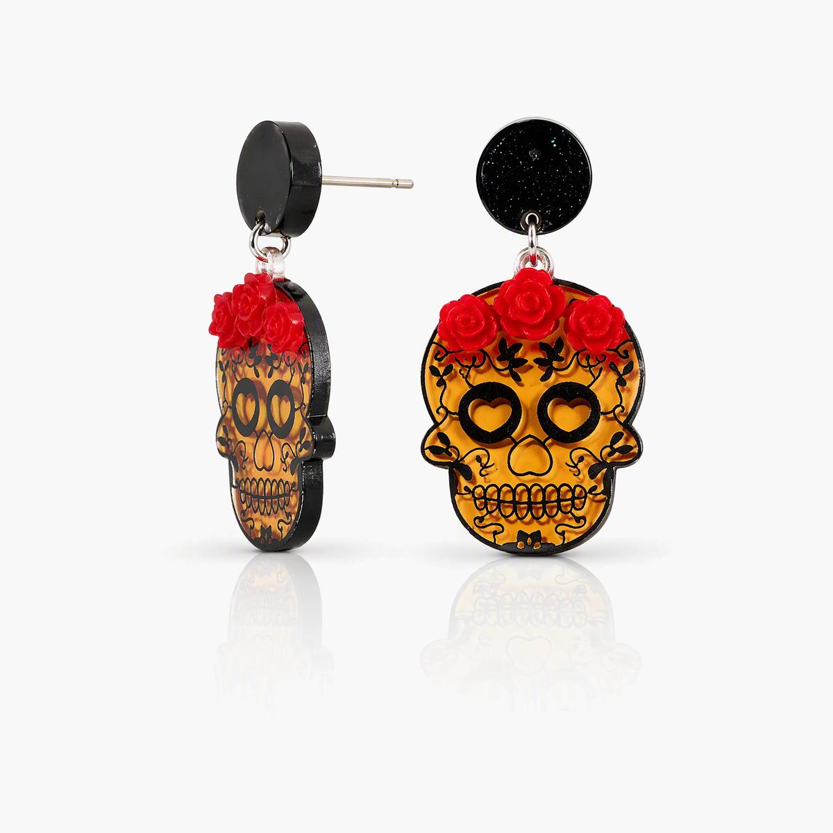 Trendy Skull With Roses Drop Earrings