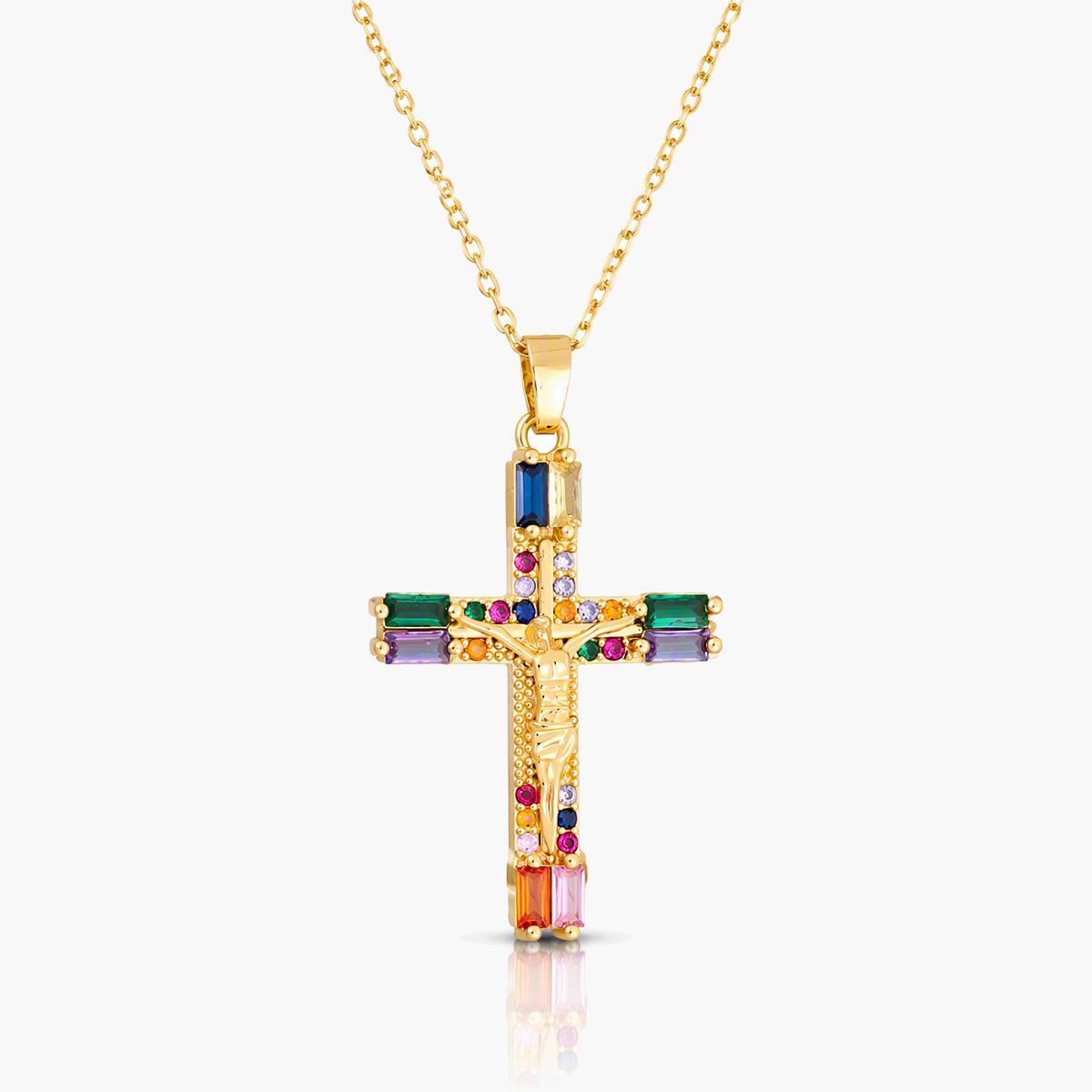 Multicolor Gem Cross Pendant Necklace