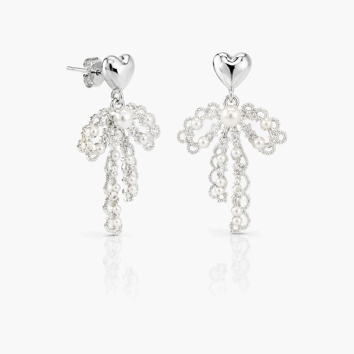 Cute Heart Bow Pearl Drop Earrings