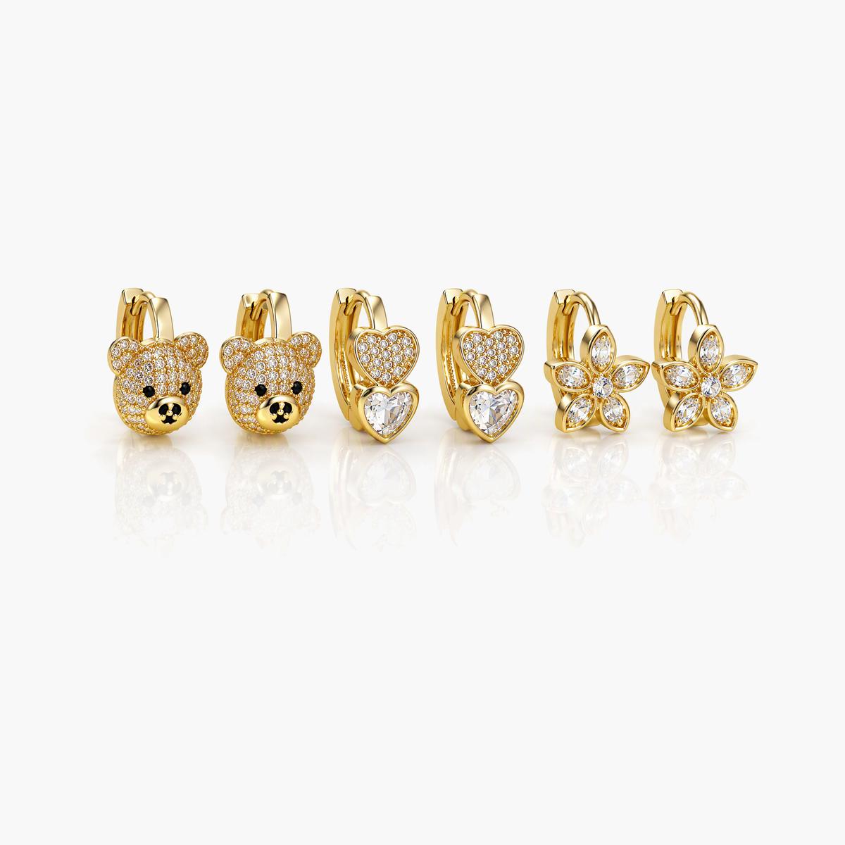 Cute Bear Heart Flower Huggie Earrings