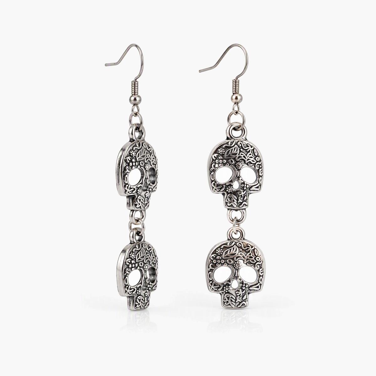 Vintage Rose Skull Drop Earrings