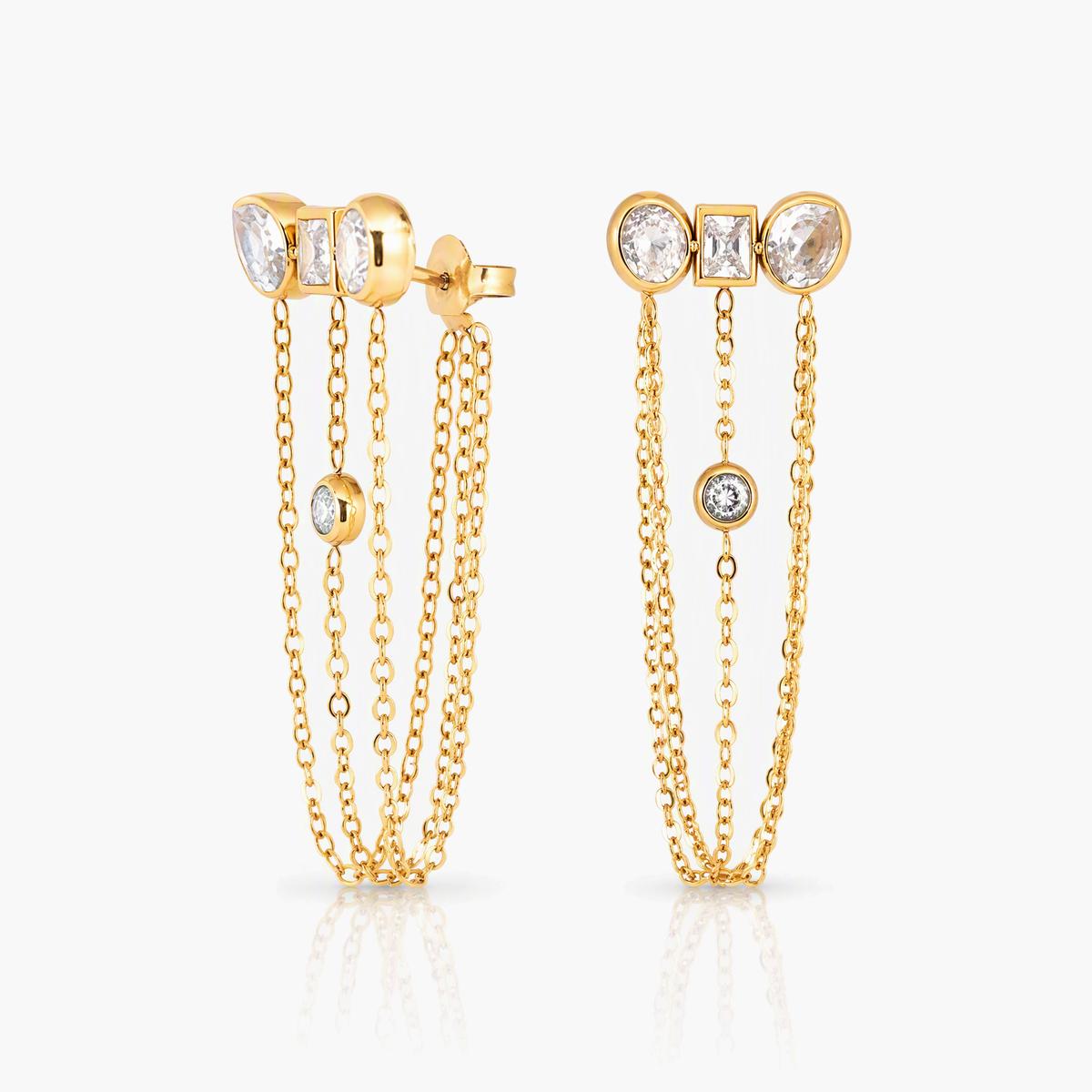 Dainty Three-Stone Chain Fringe Earrings