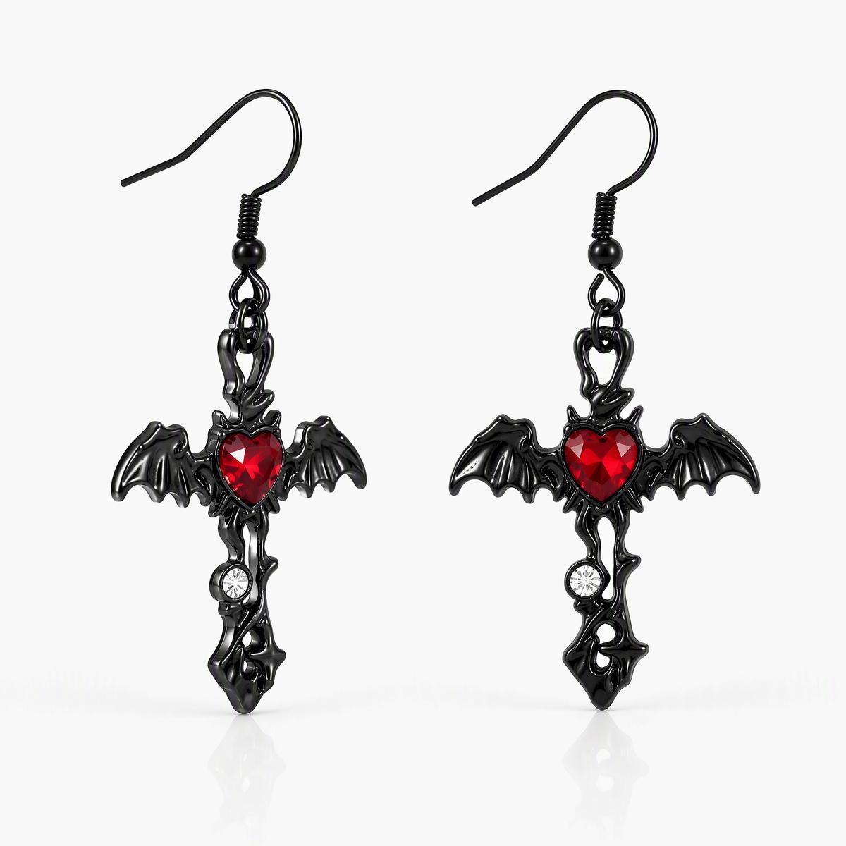 Gothic Bat Cross Drop Earrings