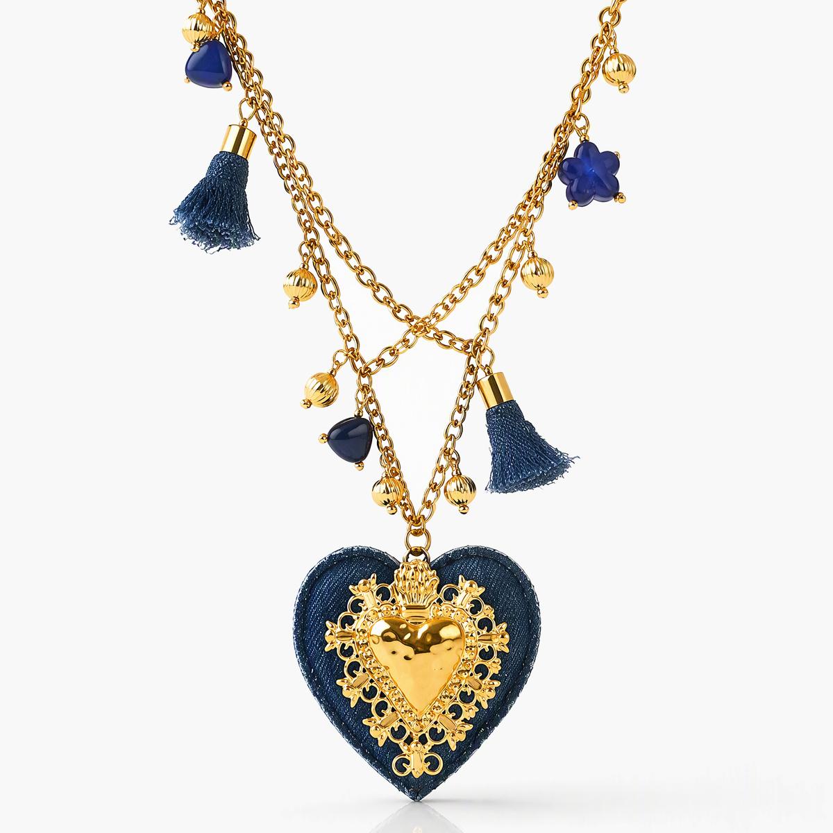Boho Denim Heart Pendant Necklace
