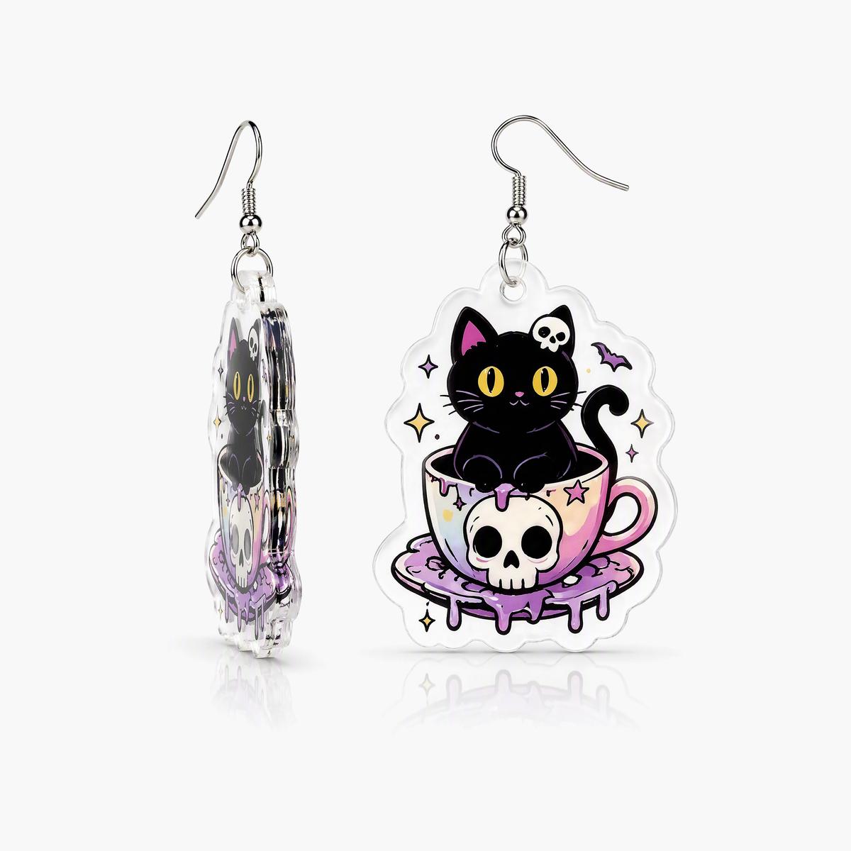 Cute Cat Skull Teacup Drop Earrings