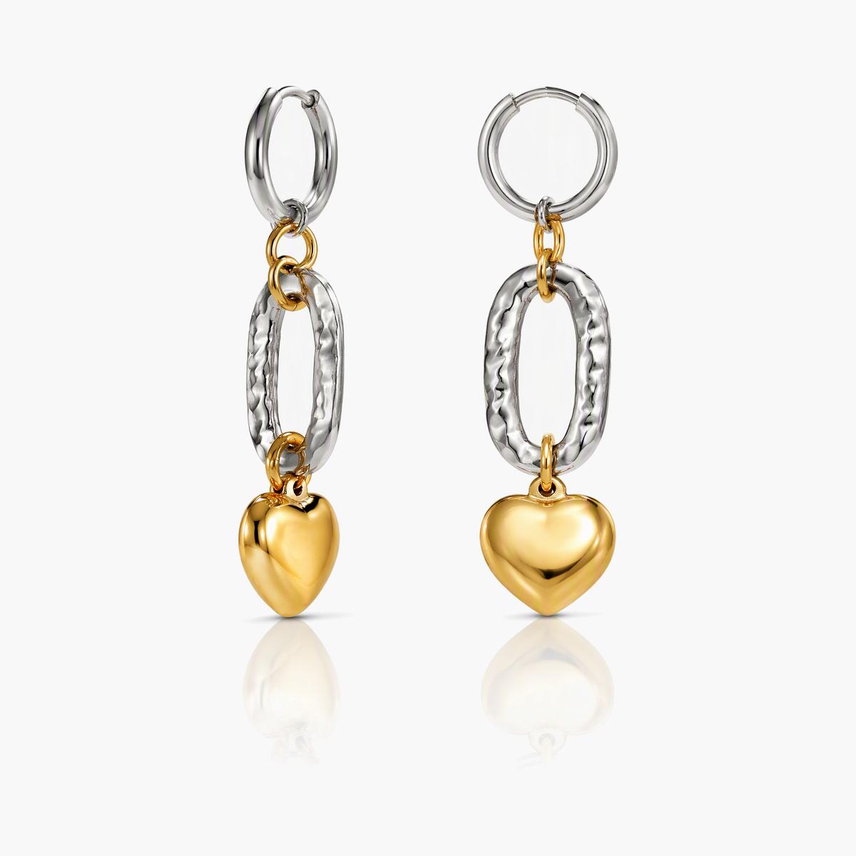 Textured Oval Link Heart Charm Drop Earrings