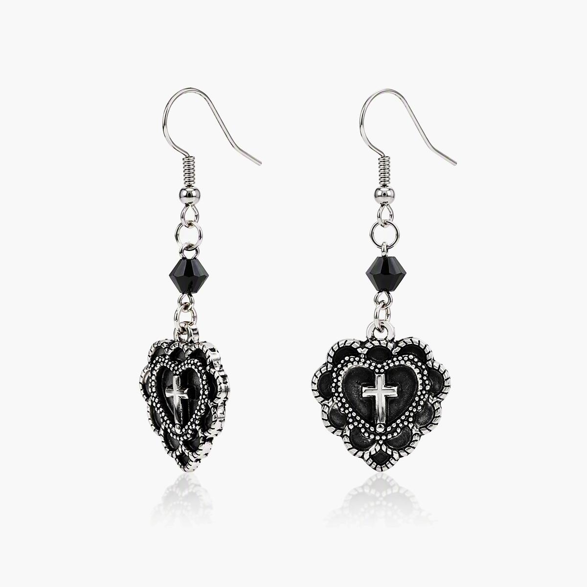 Gothic Cross Heart Drop Earrings