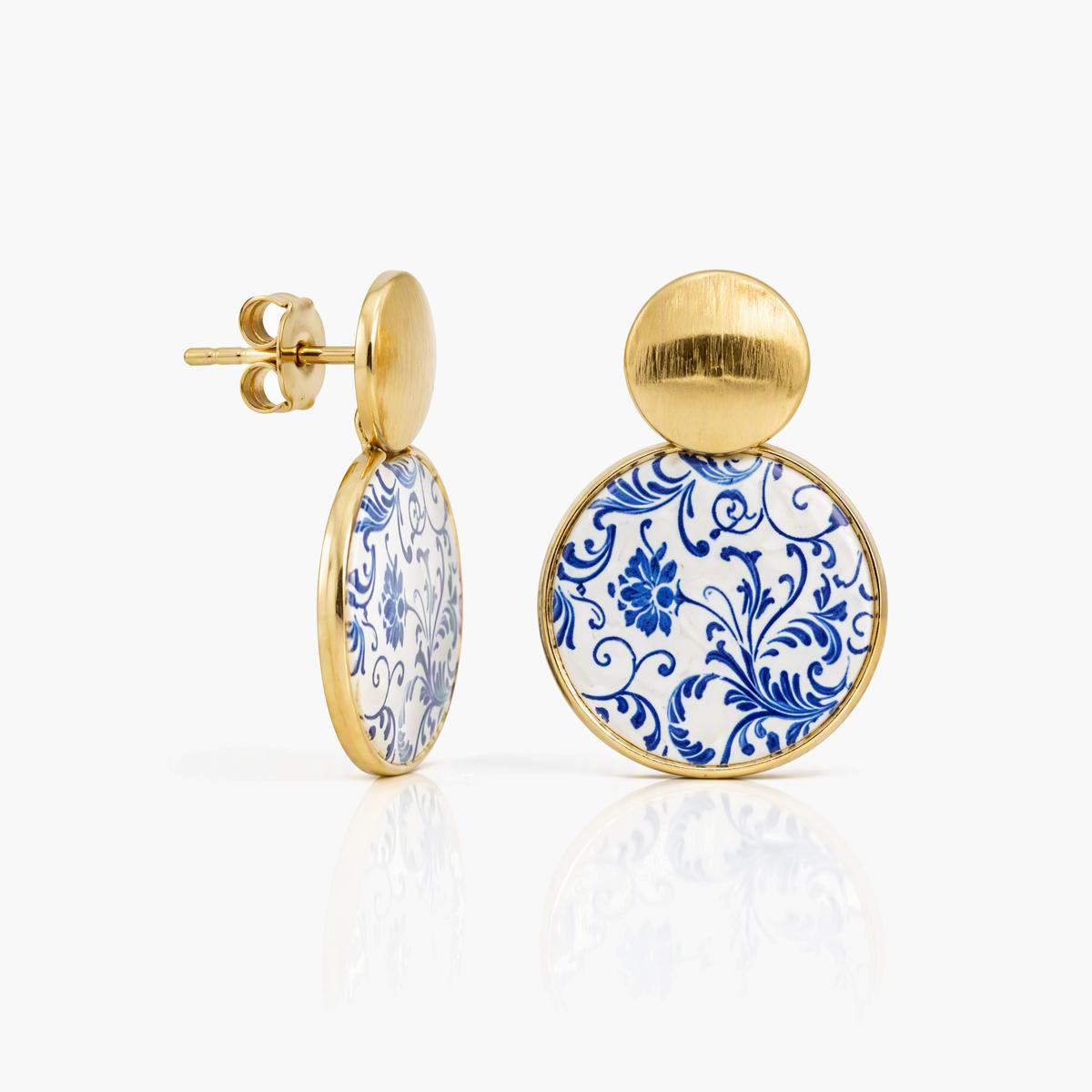 Blue Floral Disc Drop Earrings