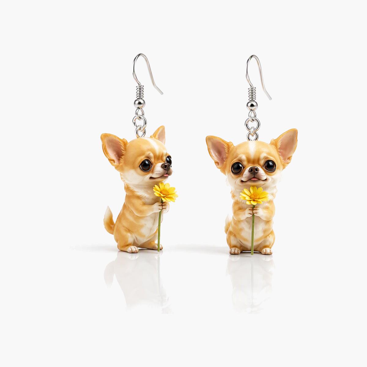Cute Chihuahua With Flower Drop Earrings