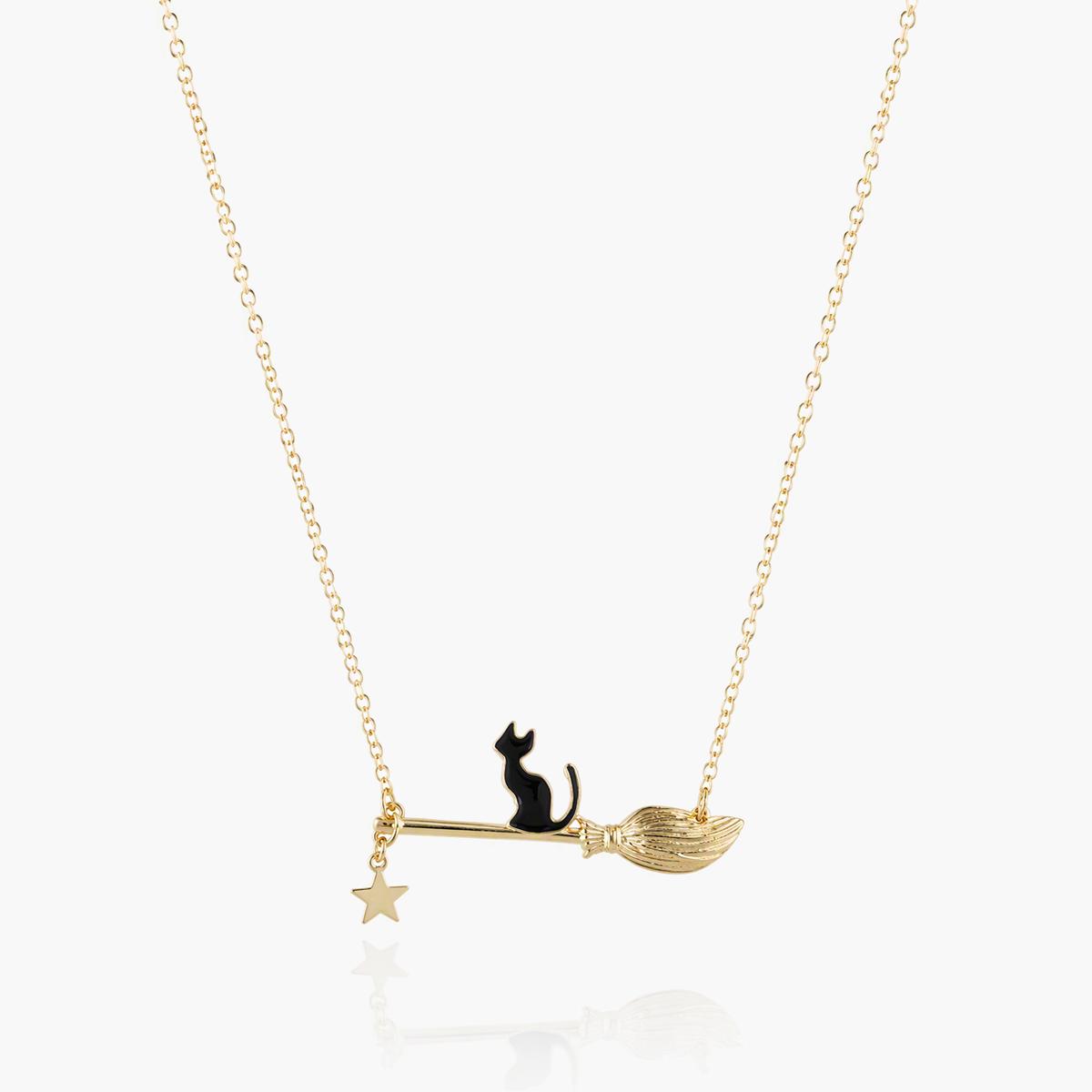 Cute Cat On Broomstick Necklace
