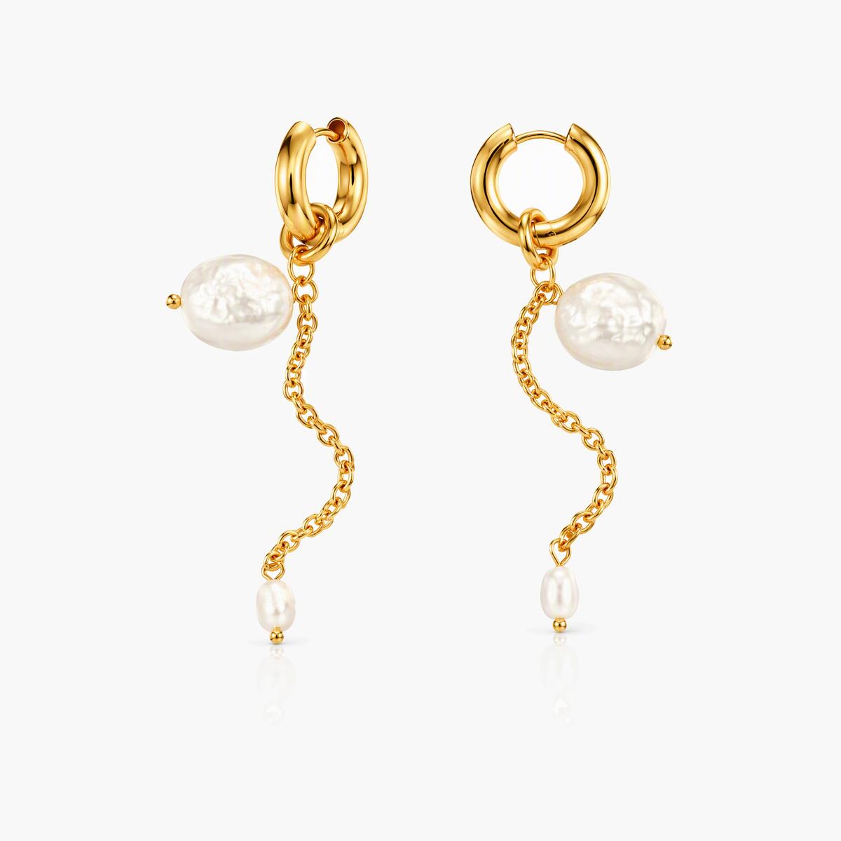 Pearl Drop Chain Huggie Earrings