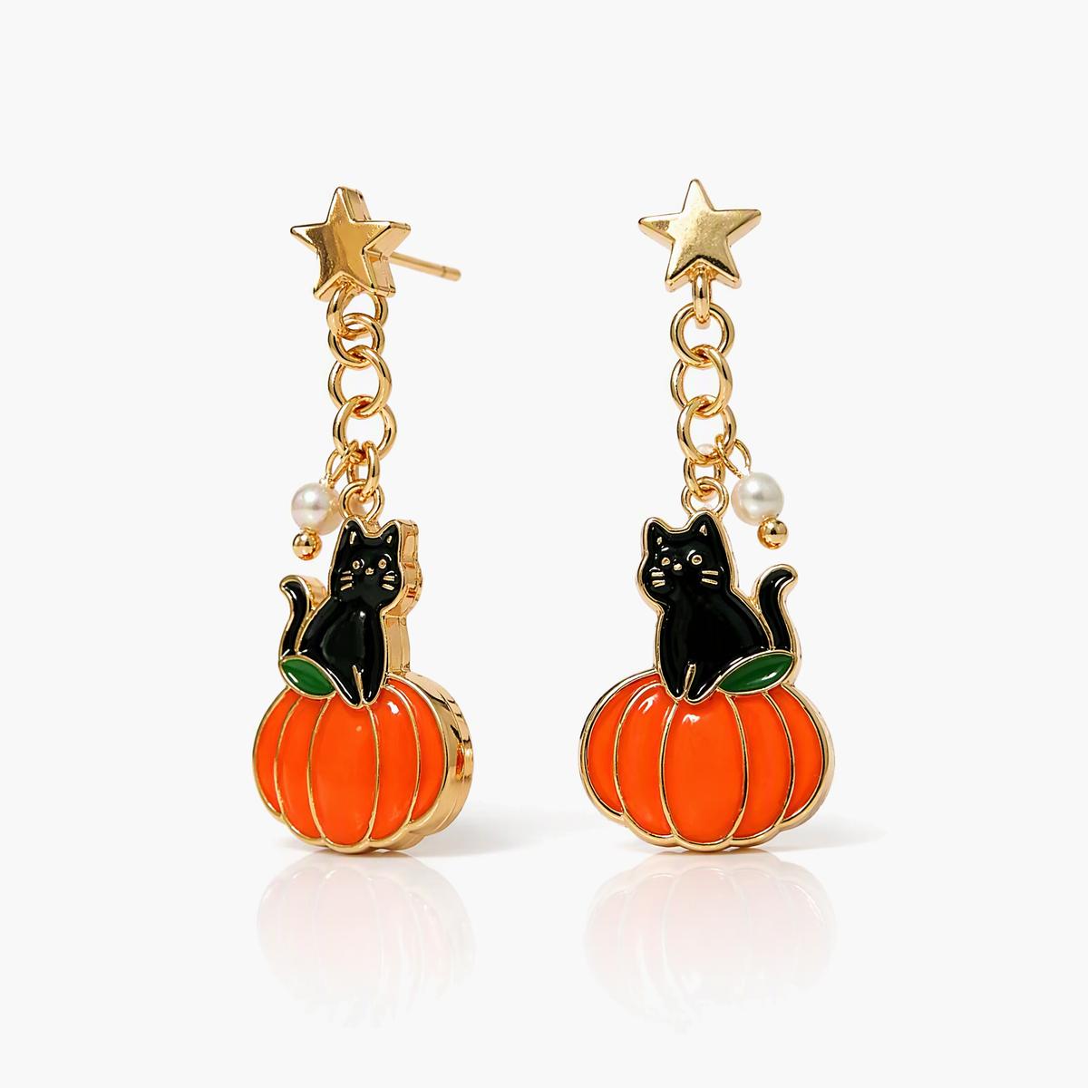Cute Black Cat Pumpkin Drop Earrings