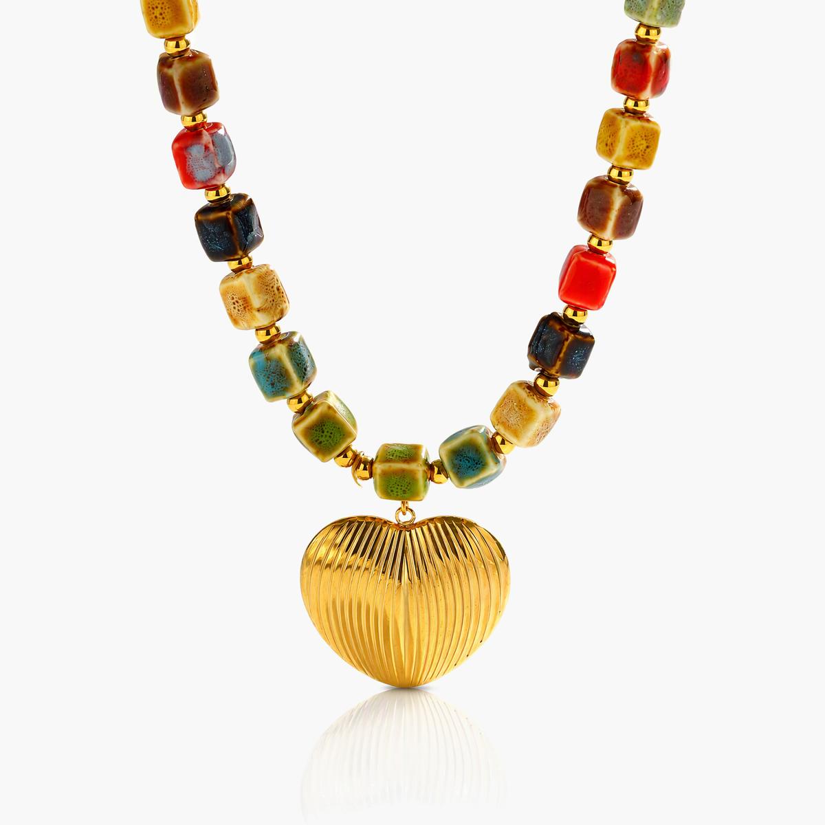 Multicolor Bead Heart Charm Necklace