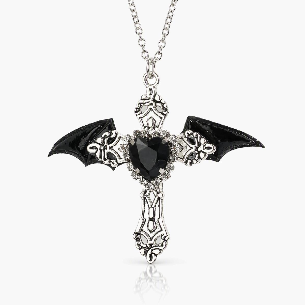 Gothic Bat Wing Cross Pendant Necklace
