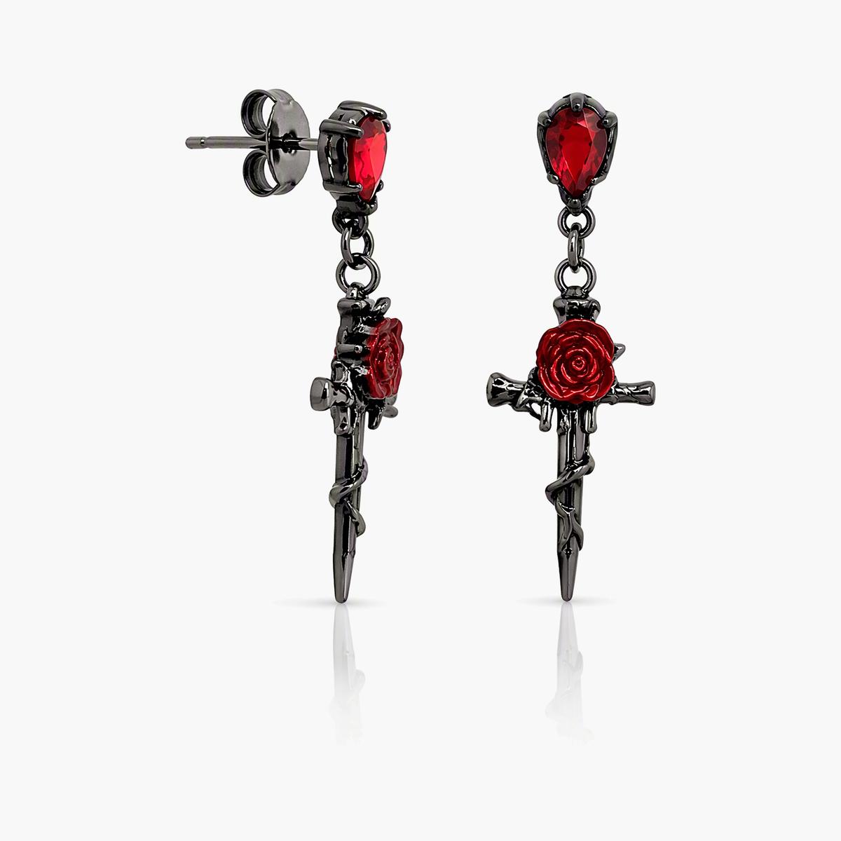 Vintage Rose And Dagger Drop Earrings