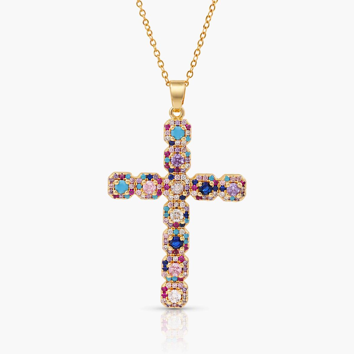 Multicolor Gemstone Cross Pendant Necklace