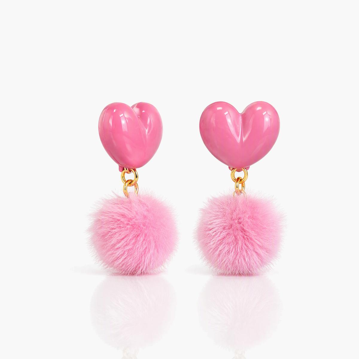 Cute Heart Pom Pom Drop Earrings