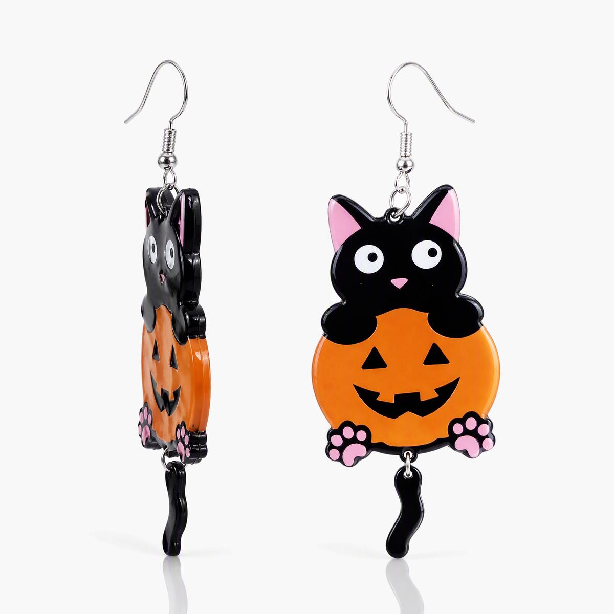 Cute Cat On Pumpkin Drop Earrings