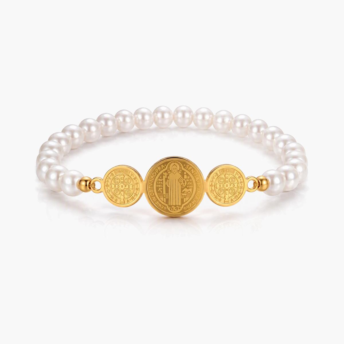Elegant Pearl Saint Medal Bracelet