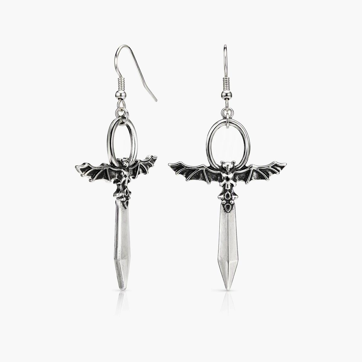 Gothic Bat Dagger Drop Earrings