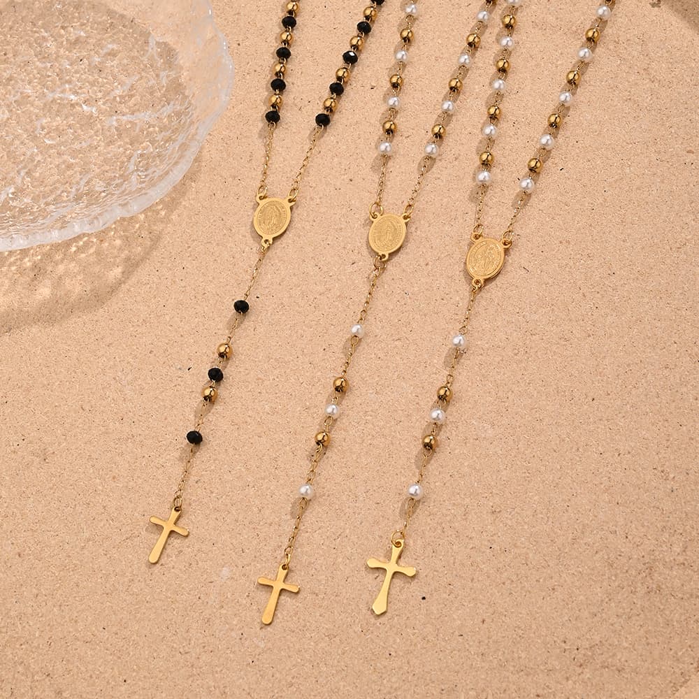 Dainty Coin Cross Rosary Necklace