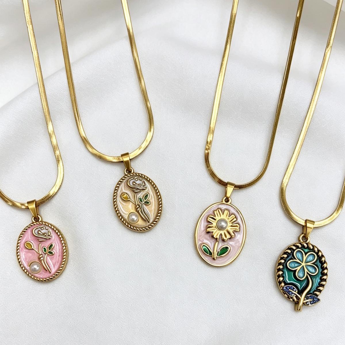 Vintage Floral Oval Pendant Necklace