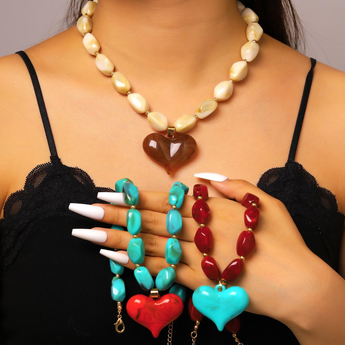 Chunky Beaded Heart Pendant Necklace