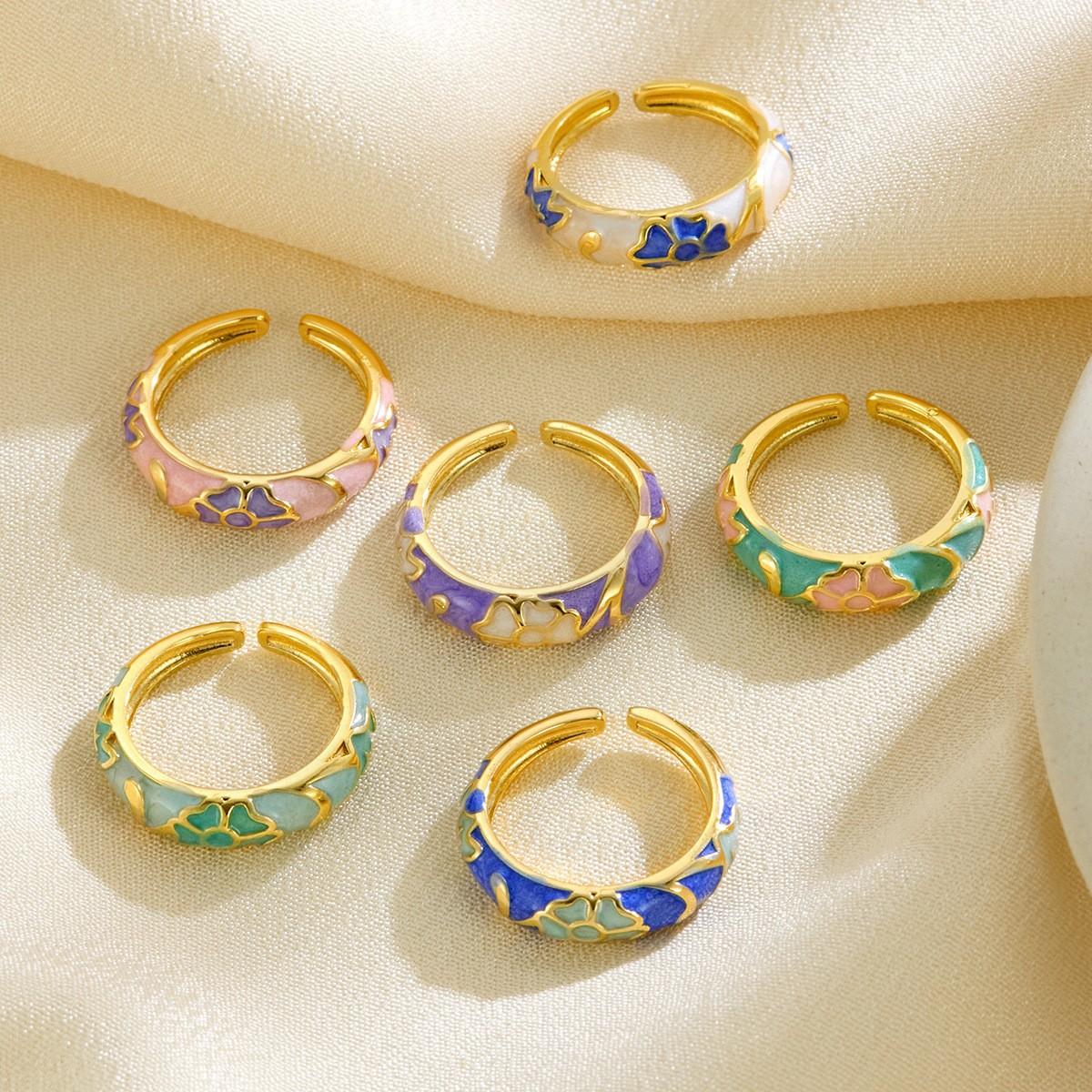 Vintage Floral Enamel Open Cuff Ring