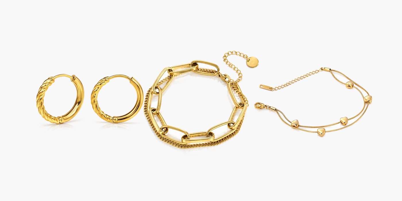 Gold Minimalist Earrings & Bracelet Layered Set