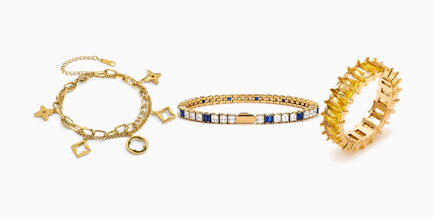 Gold Sparkling Heart Bracelet & Ring Trio
