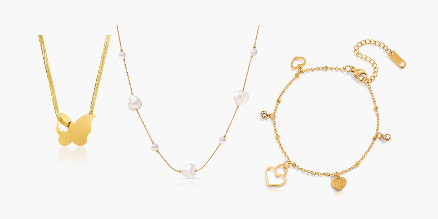 Gold Romantic Heart Necklace & Bracelet Set