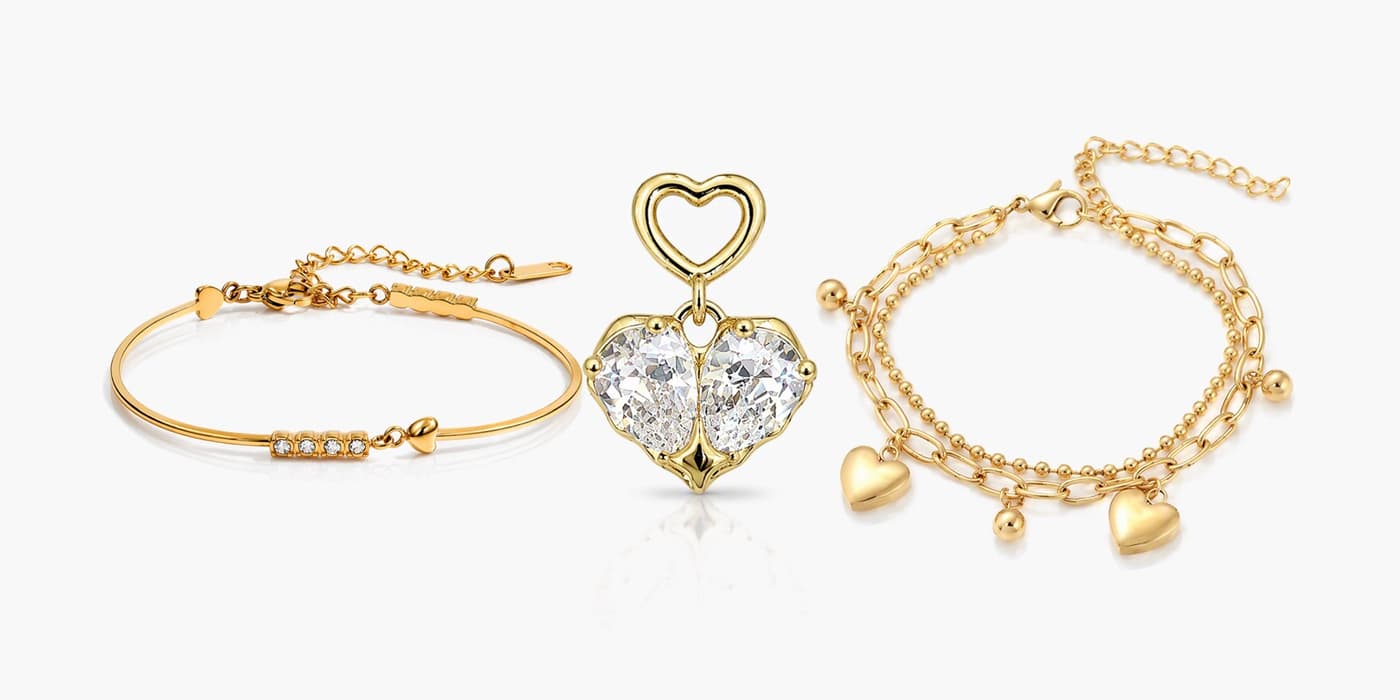 Gold Romantic Heart Necklace & Bracelet Set