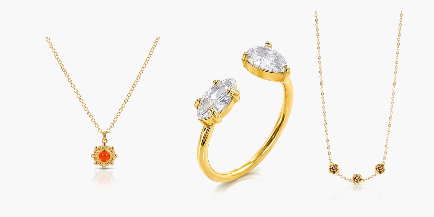 Gold Flower Necklace & Ring Stack