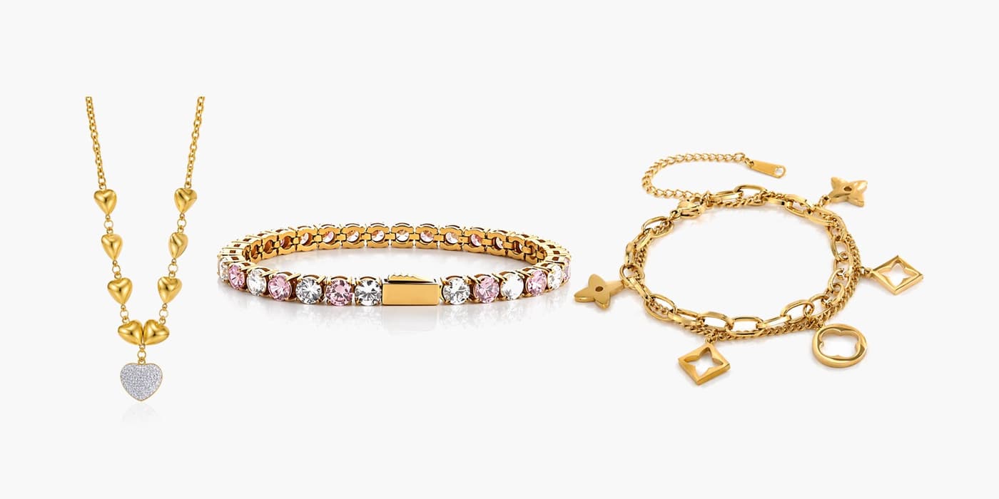 Gold Sparkling Heart Necklace & Bracelet Trio