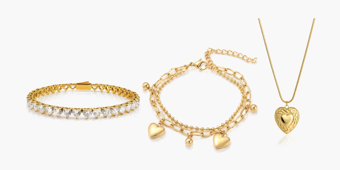 Gold Classic Heart Necklace & Bracelet Set